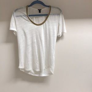 J crew white tee with gold beaded neck. Size XS